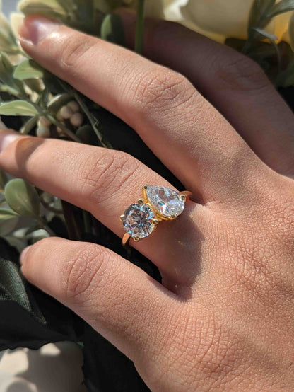3.8CtPear & Round Toi Et Moi Solitaire Silver Ring