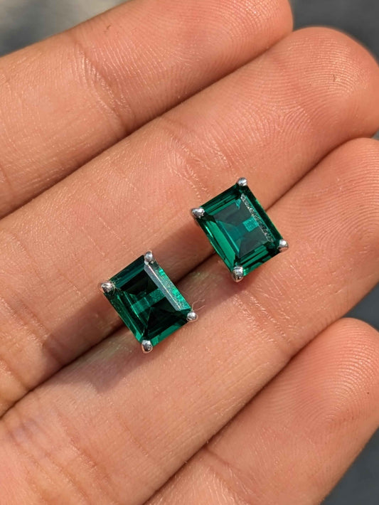 Green Emerald Stud Silver Earring