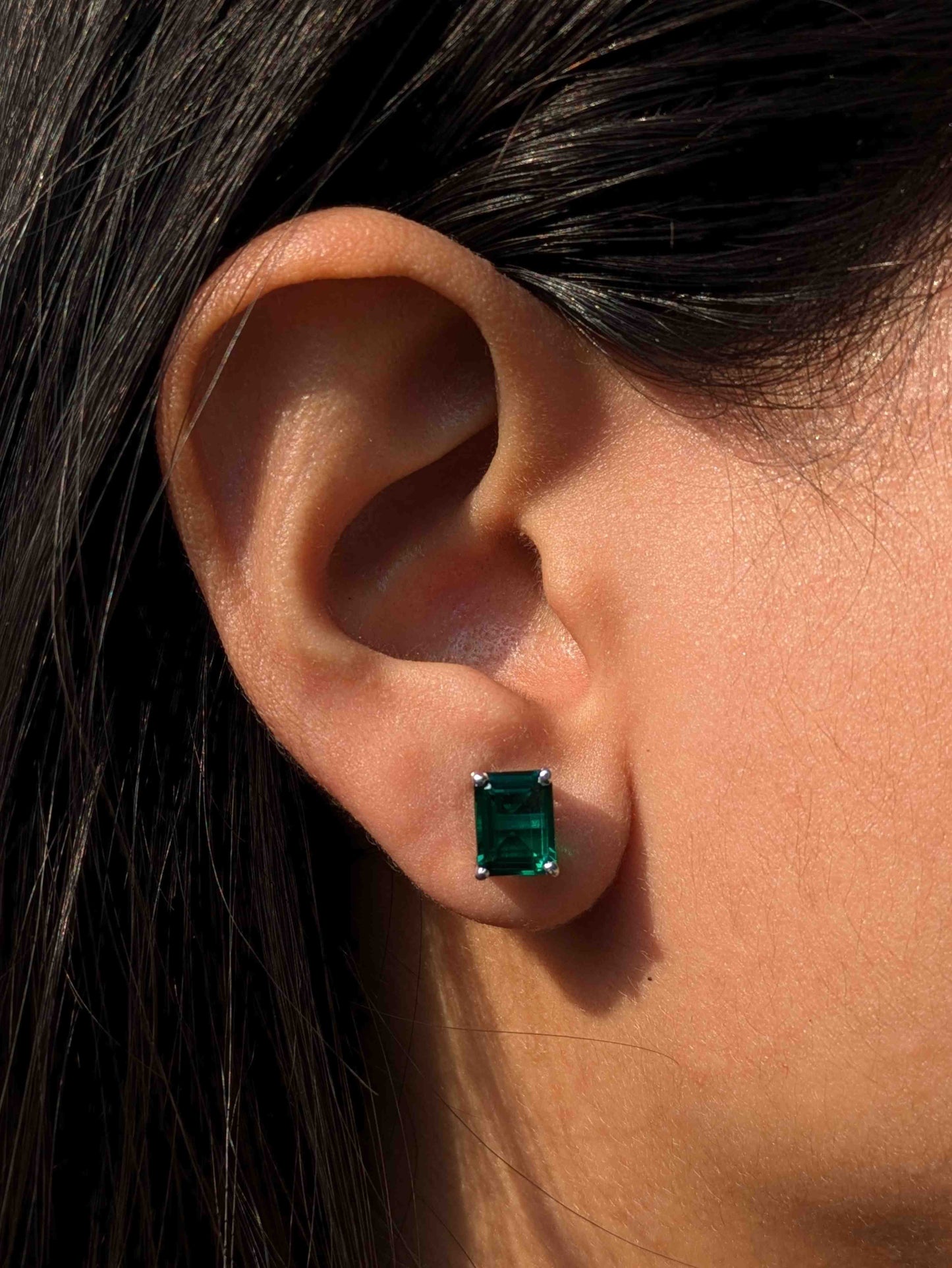 Green Emerald Stud Silver Earring