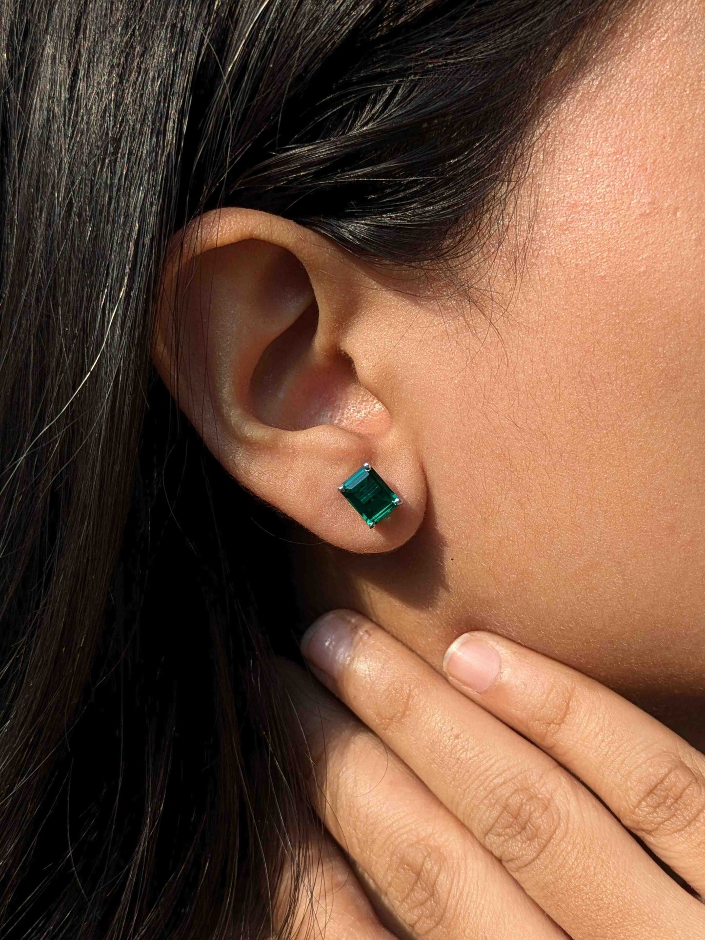 Green Emerald Stud Silver Earring