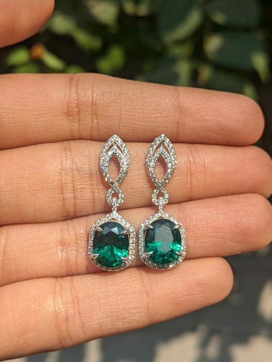 Green Oval Silver Dangler Earrings