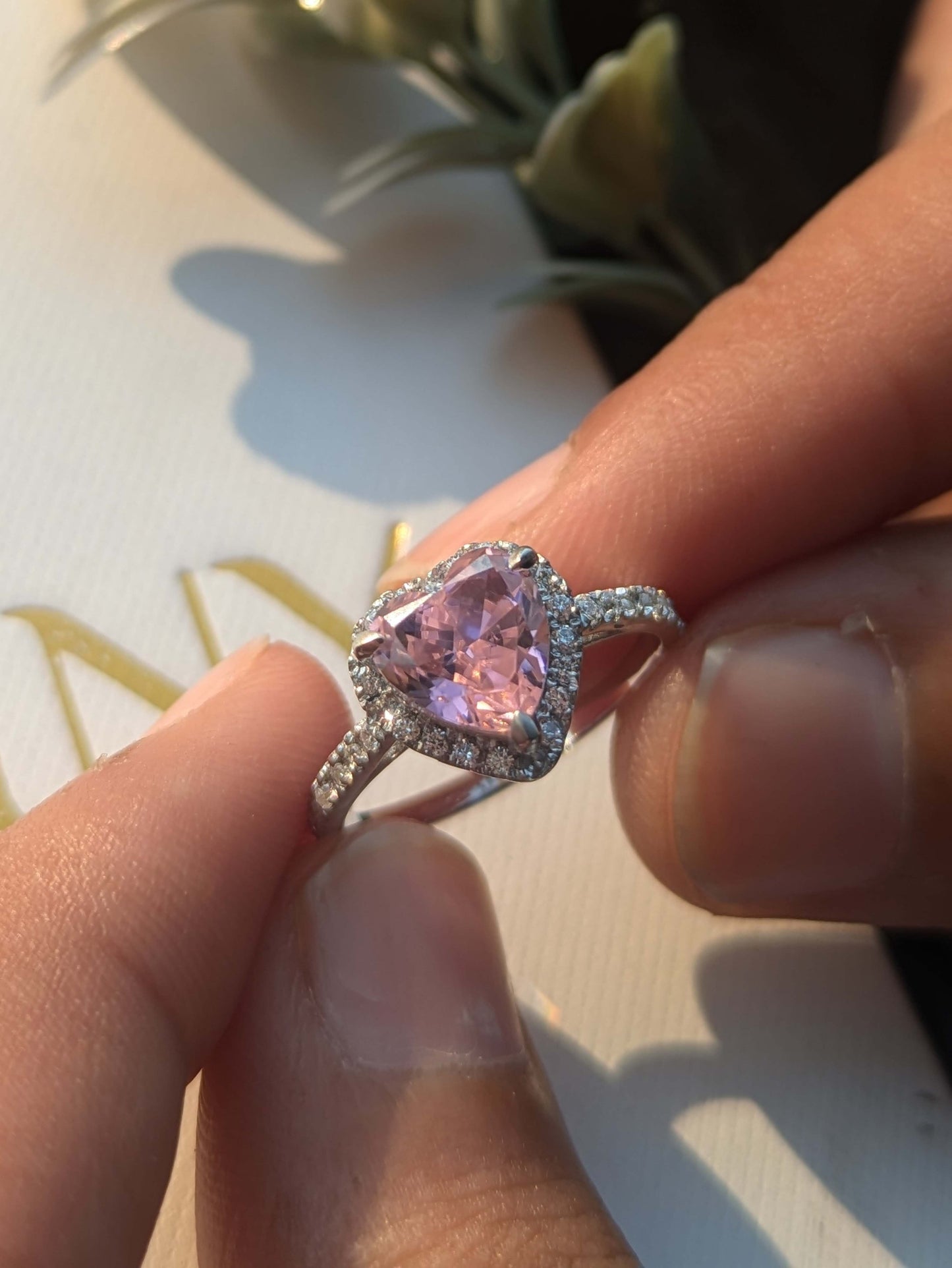 Elsa Pink Ice Crushed Heart Halo Solitaire Silver Ring