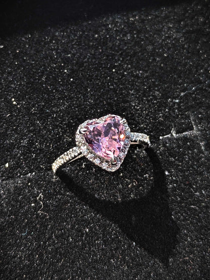 Elsa Pink Ice Crushed Heart Halo Solitaire Silver Ring