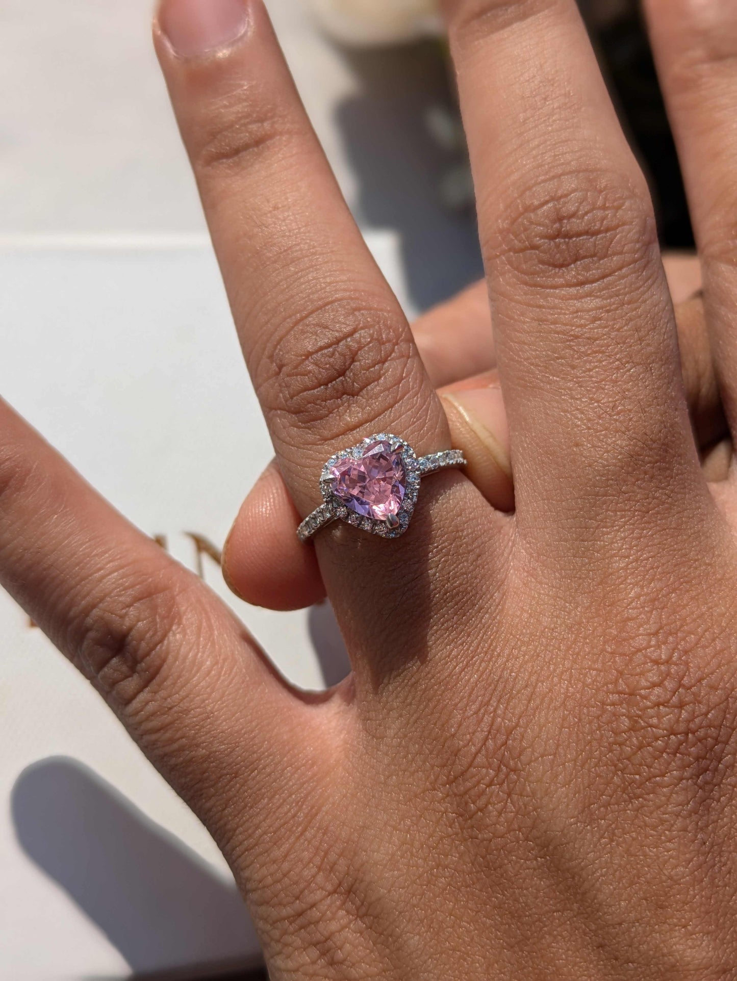 Elsa Pink Ice Crushed Heart Halo Solitaire Silver Ring