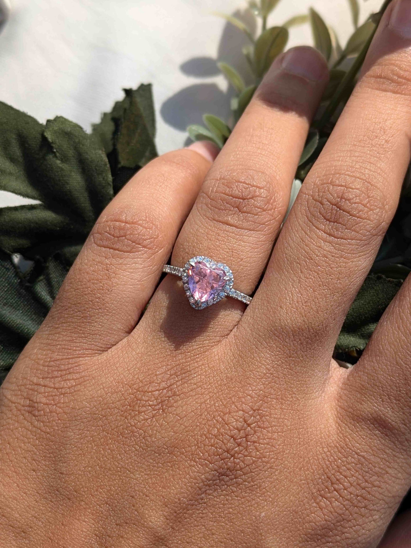 Elsa Pink Ice Crushed Heart Halo Solitaire Silver Ring