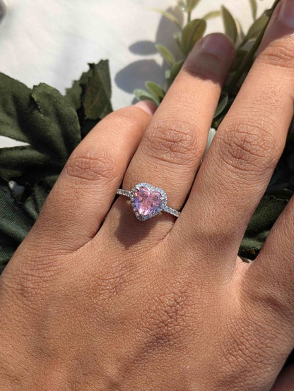 Elsa Pink Ice Crushed Heart Halo Solitaire Silver Ring