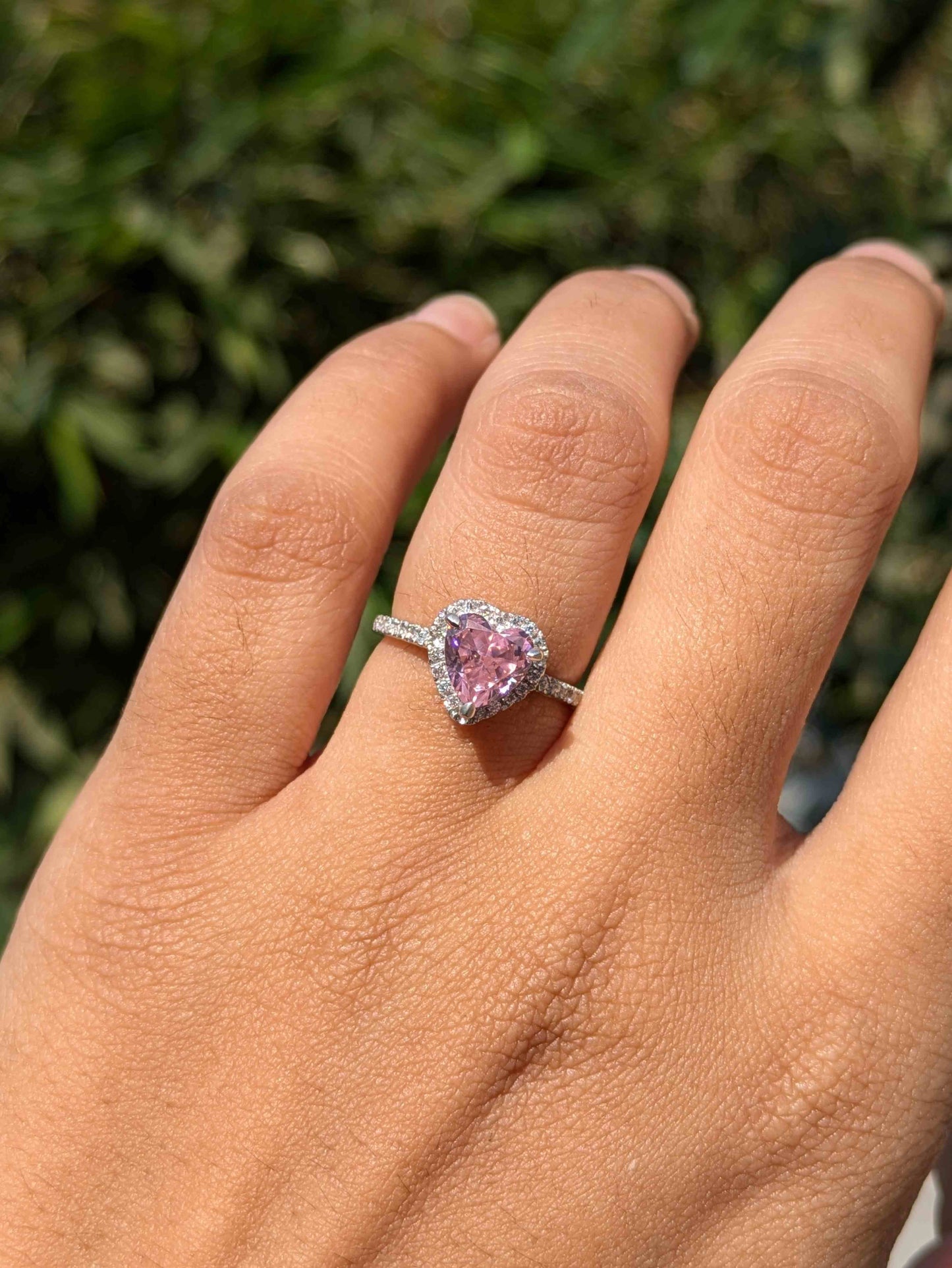 Elsa Pink Ice Crushed Heart Halo Solitaire Silver Ring
