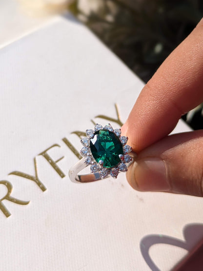 Green Emerald Oval Halo Solitaire Silver Ring