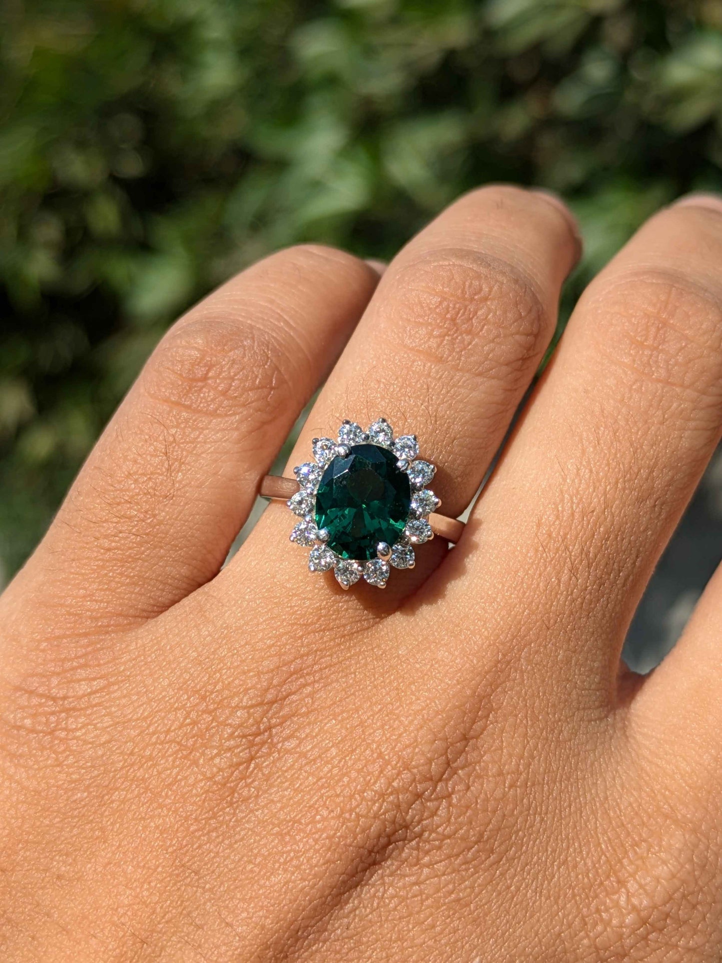 Green Emerald Oval Halo Solitaire Silver Ring
