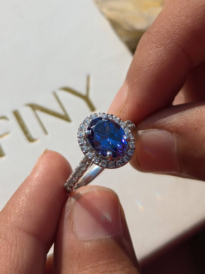 Blue Tanzanite Oval Halo Solitaire Silver Ring