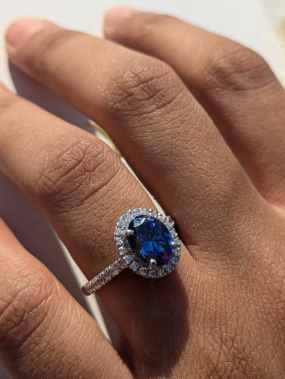 Blue Tanzanite Oval Halo Solitaire Silver Ring