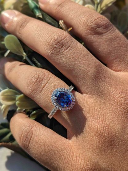 Blue Tanzanite Oval Halo Solitaire Silver Ring