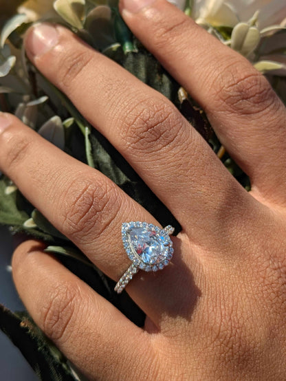 Harper Pear Halo Solitaire Silver Ring