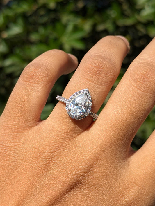 Harper Pear Halo Solitaire Silver Ring