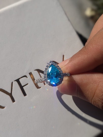 Aquamarine Pear Halo Solitaire Silver Ring