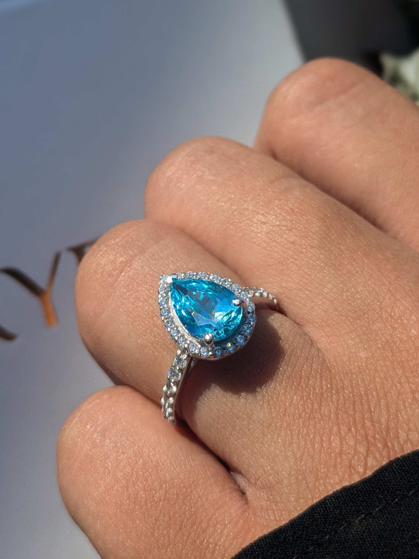 Aquamarine Pear Halo Solitaire Silver Ring