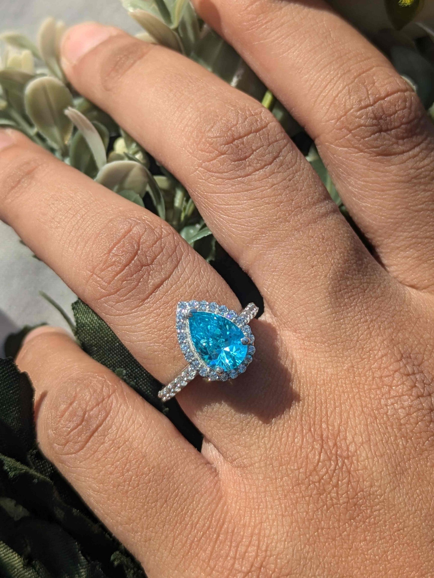 Aquamarine Pear Halo Solitaire Silver Ring