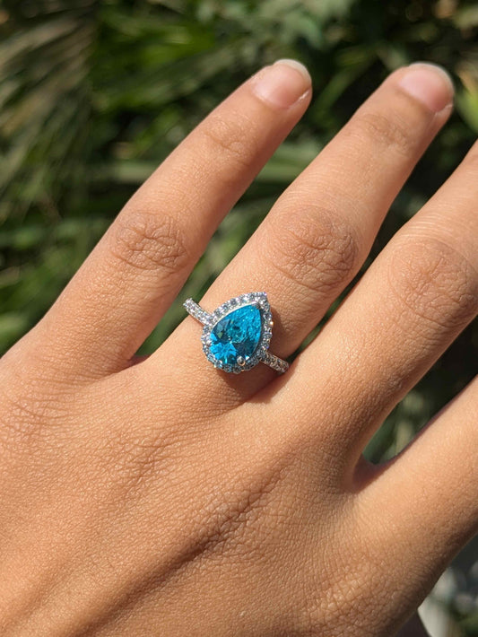 Aquamarine Pear Halo Solitaire Silver Ring