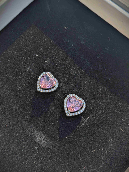 Ice Crushed Pink Heart Halo Silver Earring