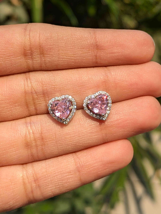 Ice Crushed Pink Heart Halo Silver Earring