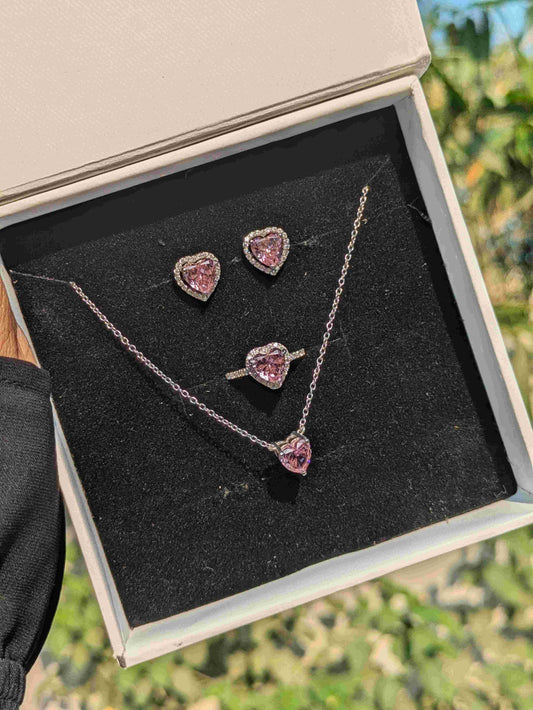 Ice Crushed Pink Heart Diamond Silver Set of 3