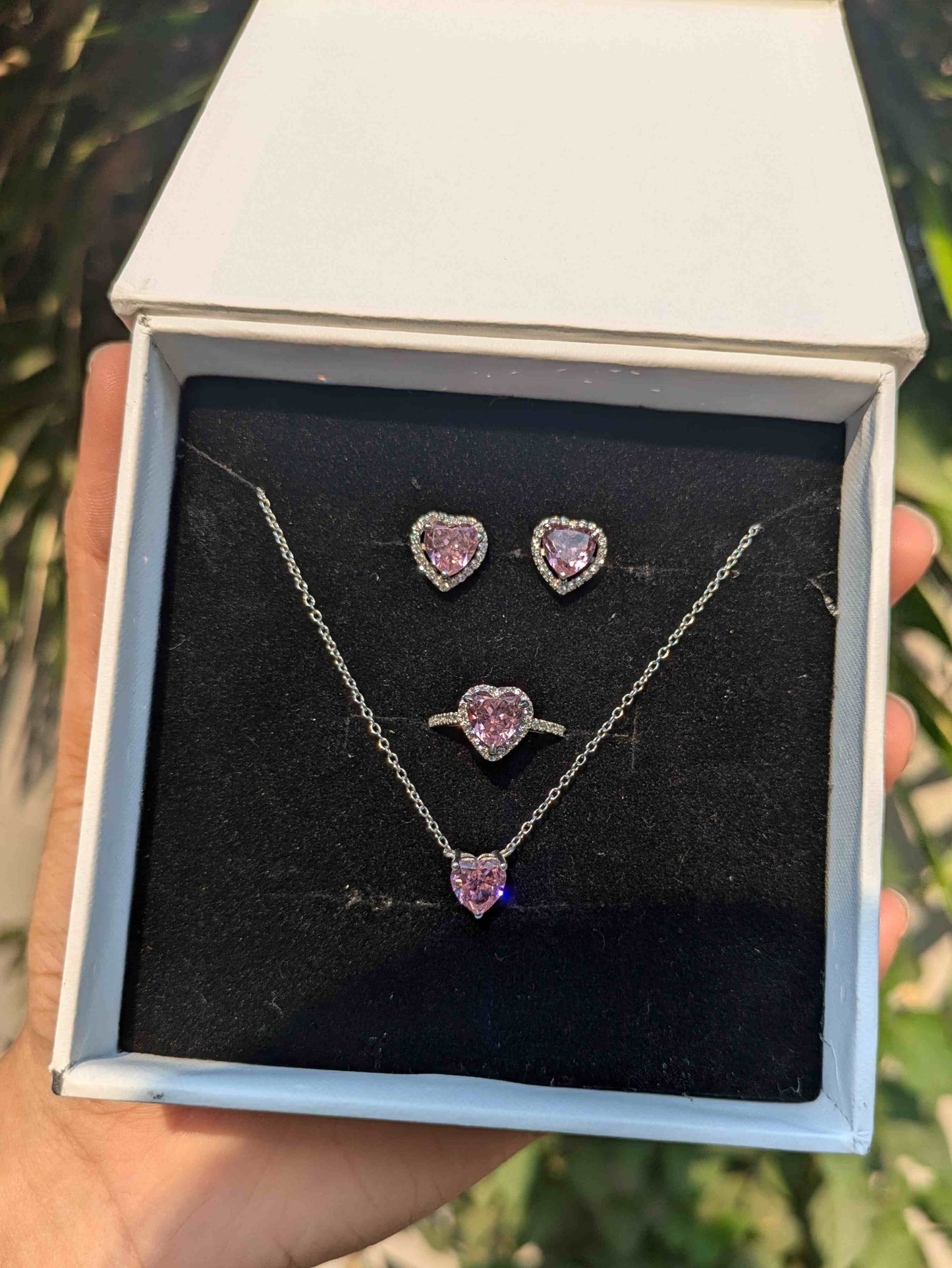 Ice Crushed Pink Heart Diamond Silver Set of 3