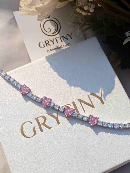 Pink Ice Crushed Heart Tennis Silver Bracelet