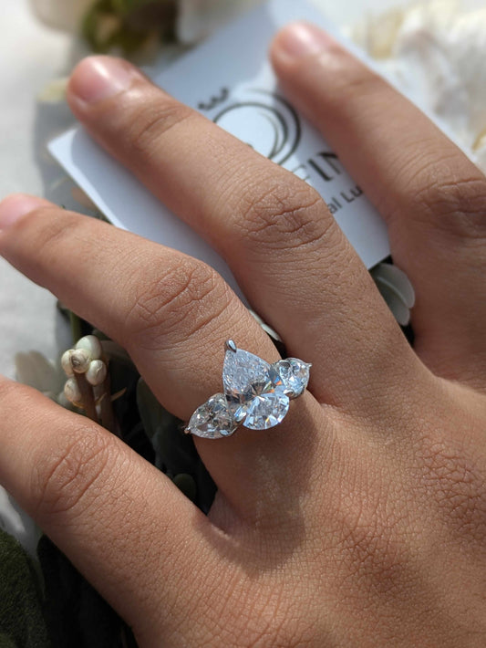 Pear 3-Stone Solitaire Silver Ring