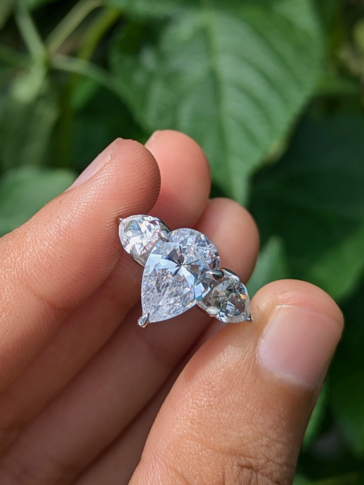 Pear 3-Stone Solitaire Silver Ring