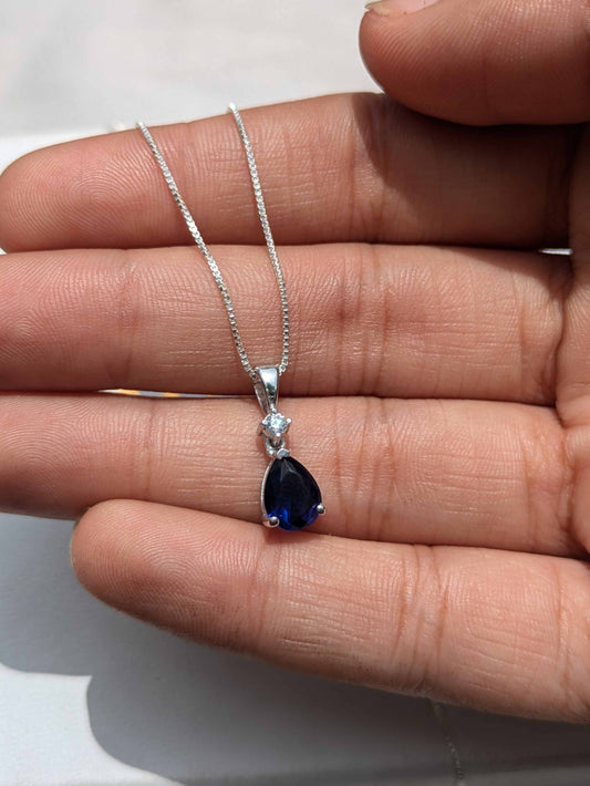 Blue Sapphire Pear Silver Pendant