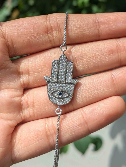 Hamsa Hand Bolo Lock Silver Bracelet
