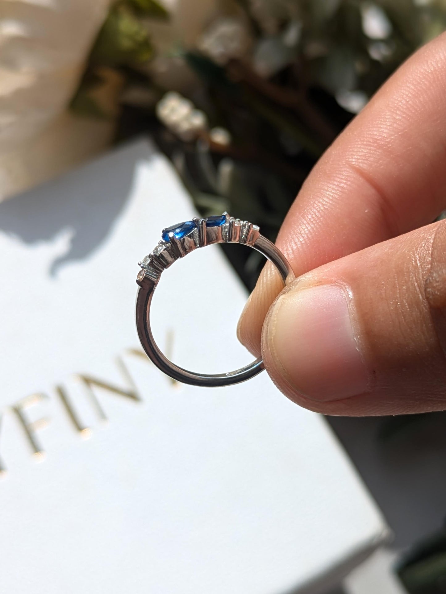 Floral Blue Silver Stackable Ring