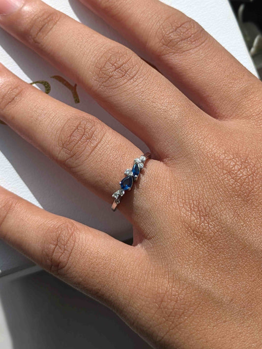 Floral Blue Silver Stackable Ring