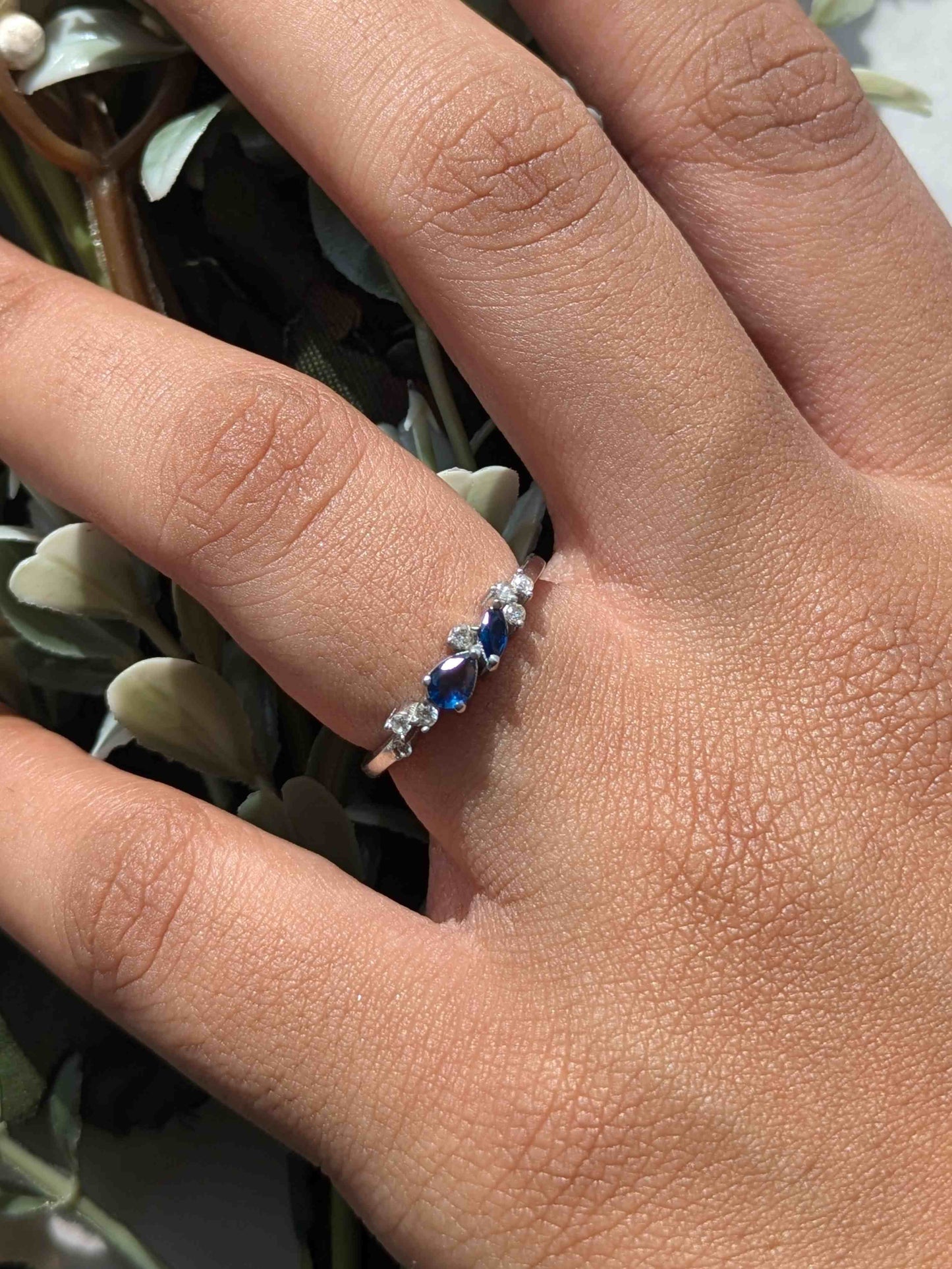 Floral Blue Silver Stackable Ring