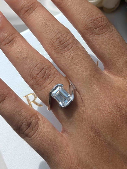 Zoey Emerald Half Bezel Solitaire Silver Ring
