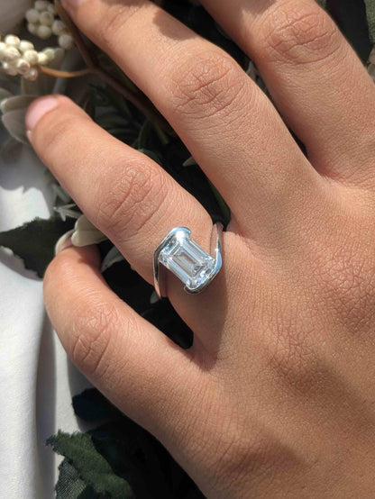 Zoey Emerald Half Bezel Solitaire Silver Ring