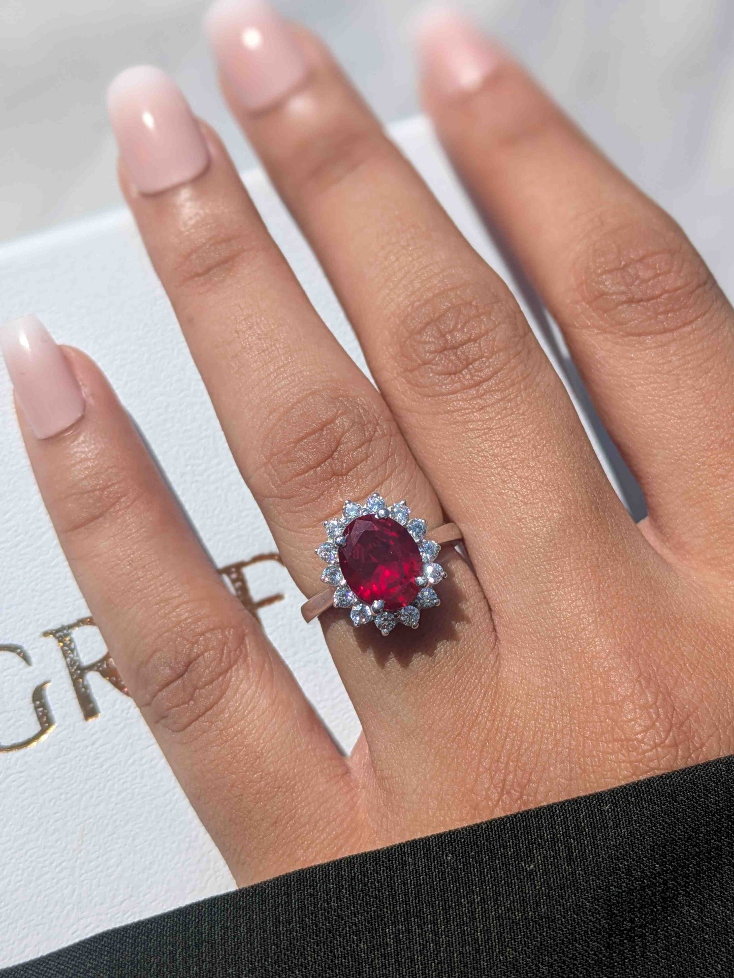 Ruby Red Halo Oval Solitaire Silver Ring