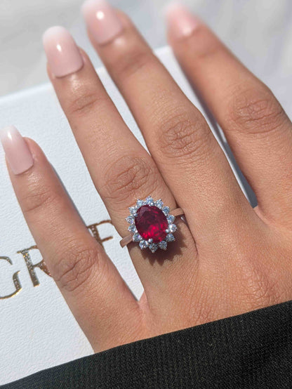 Ruby Red Halo Oval Solitaire Silver Ring