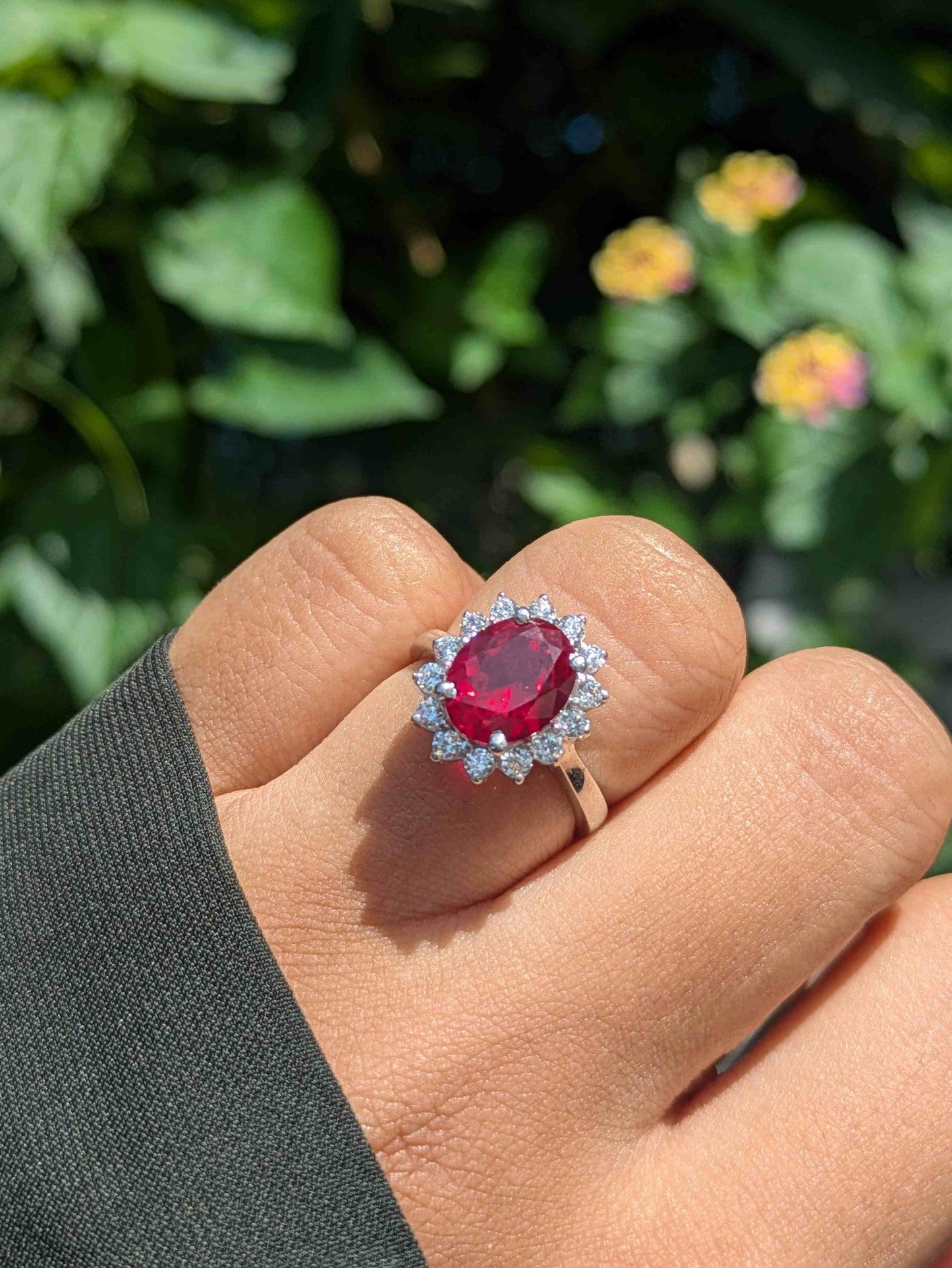 Ruby Red Halo Oval Solitaire Silver Ring