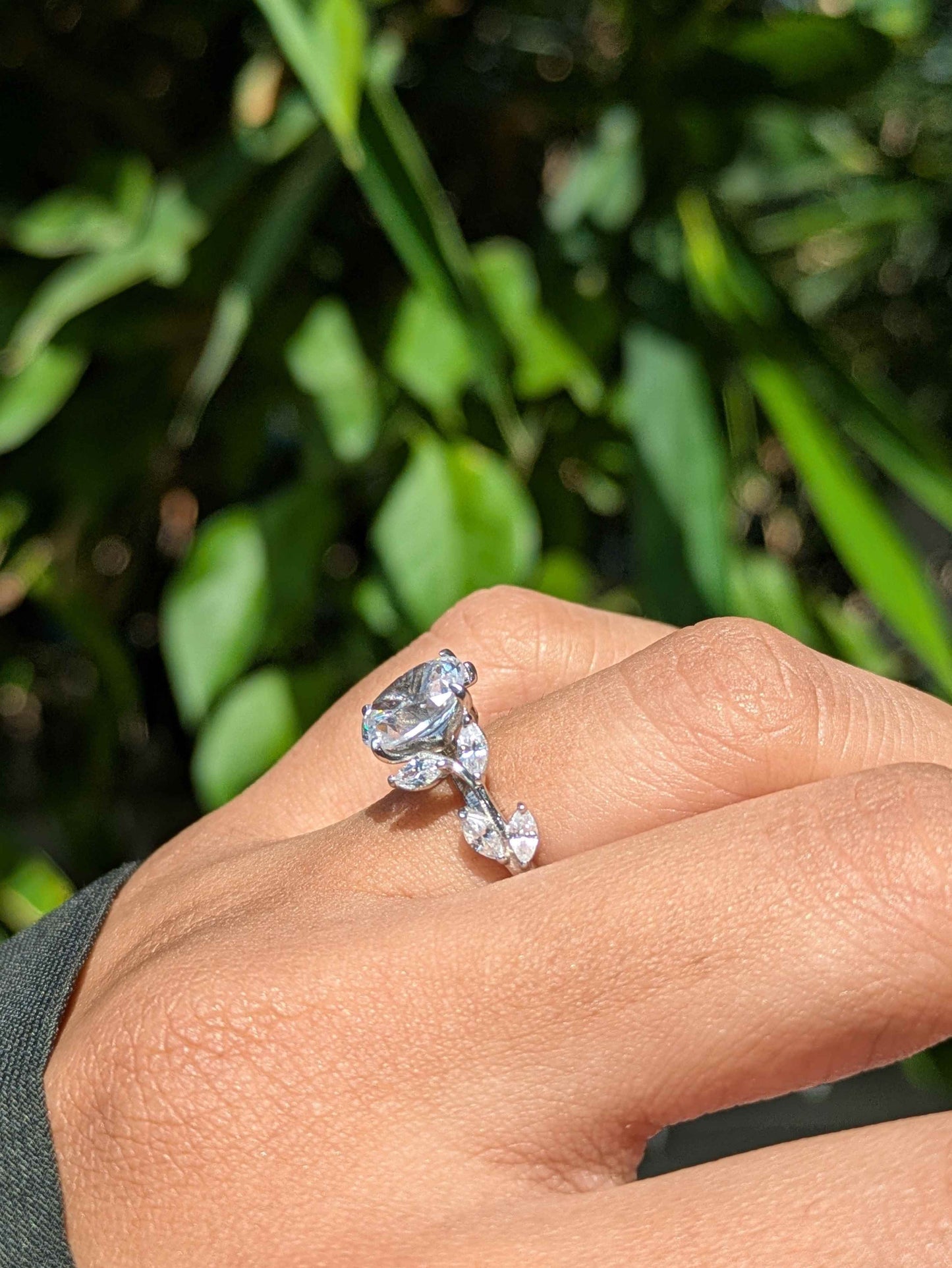 Casey Floral Shank Oval Silver Solitaire Ring