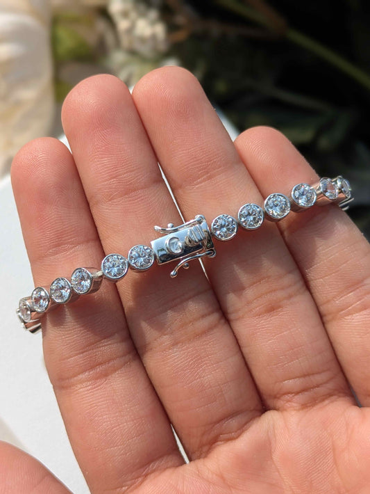 Round Bezel Set Tennis Silver Bracelet For Women