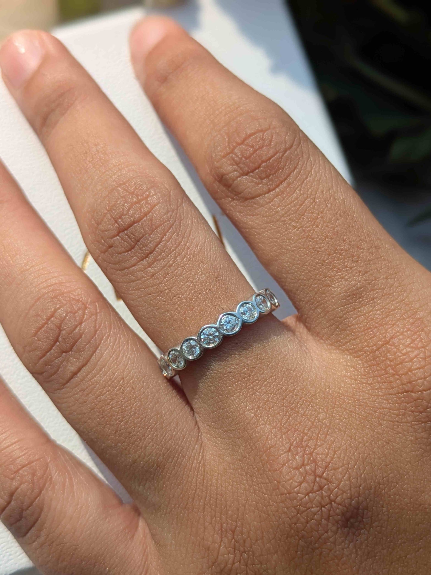 Round Bezel Set Eternity Silver Band For Women