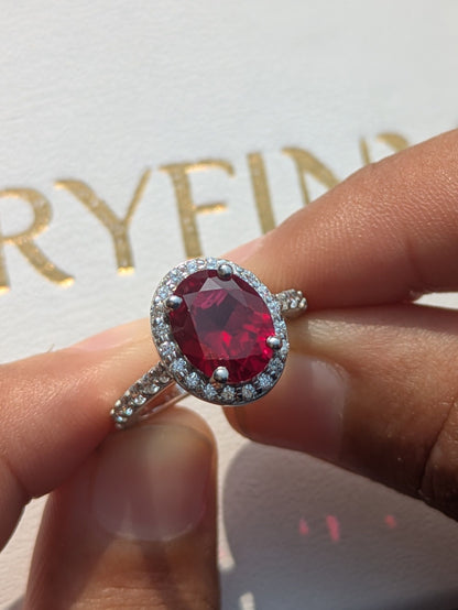 3Ct Scarlette Red Halo Oval Solitaire Silver Ring For Women