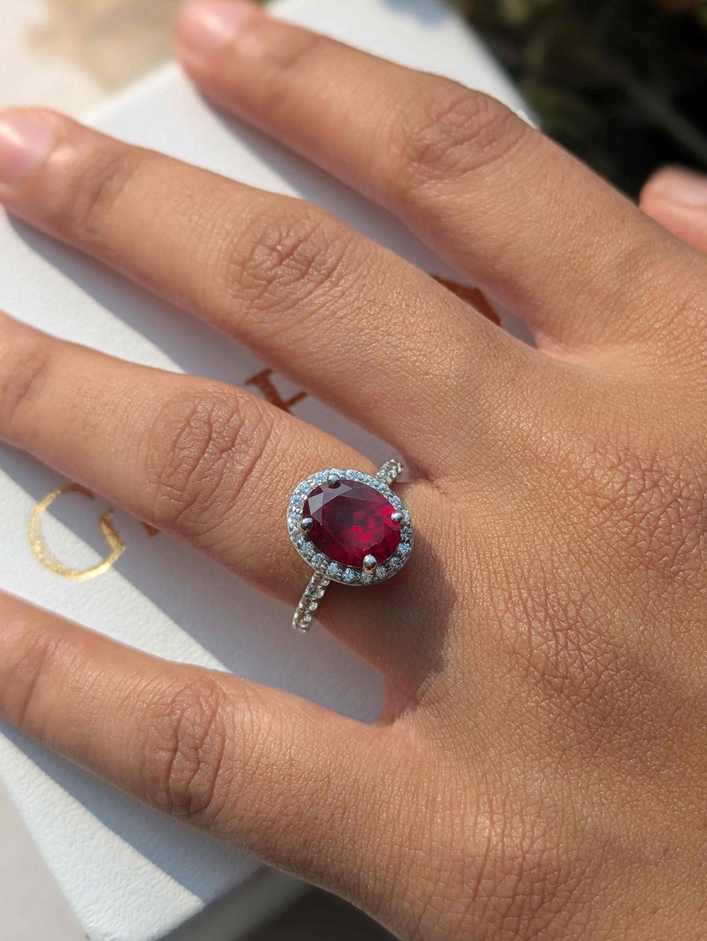 3Ct Scarlette Red Halo Oval Solitaire Silver Ring For Women