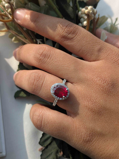 3Ct Scarlette Red Halo Oval Solitaire Silver Ring For Women
