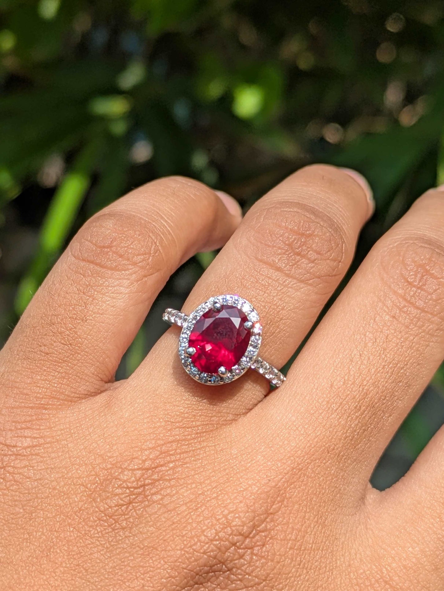 3Ct Scarlette Red Halo Oval Solitaire Silver Ring For Women