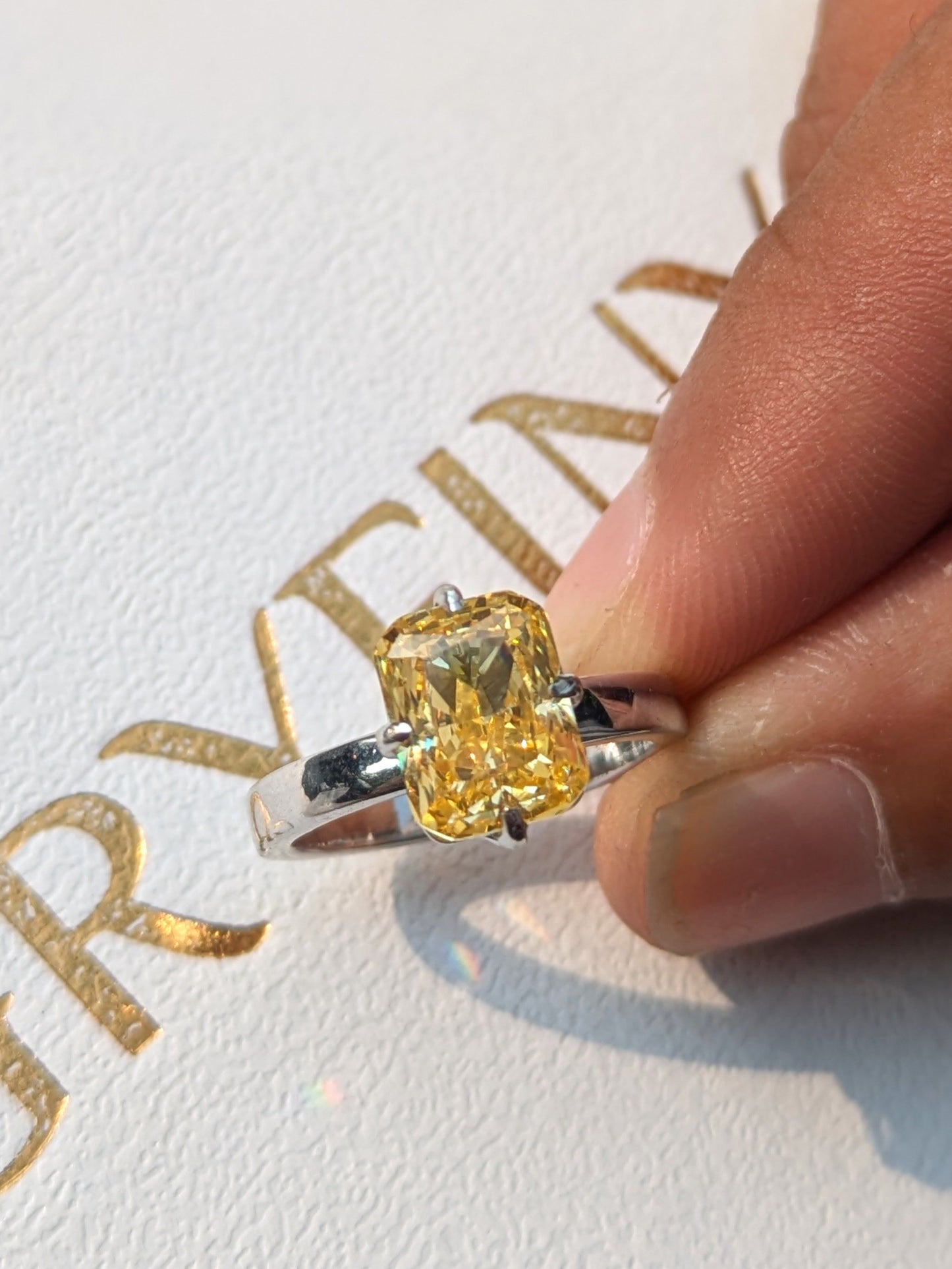 Yellow Radaint Ice Crushed Silver Solitaire Ring For Women