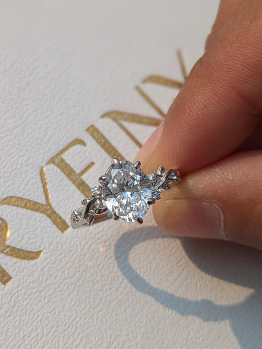 Oval Floral Silver Solitaire Ring For Women