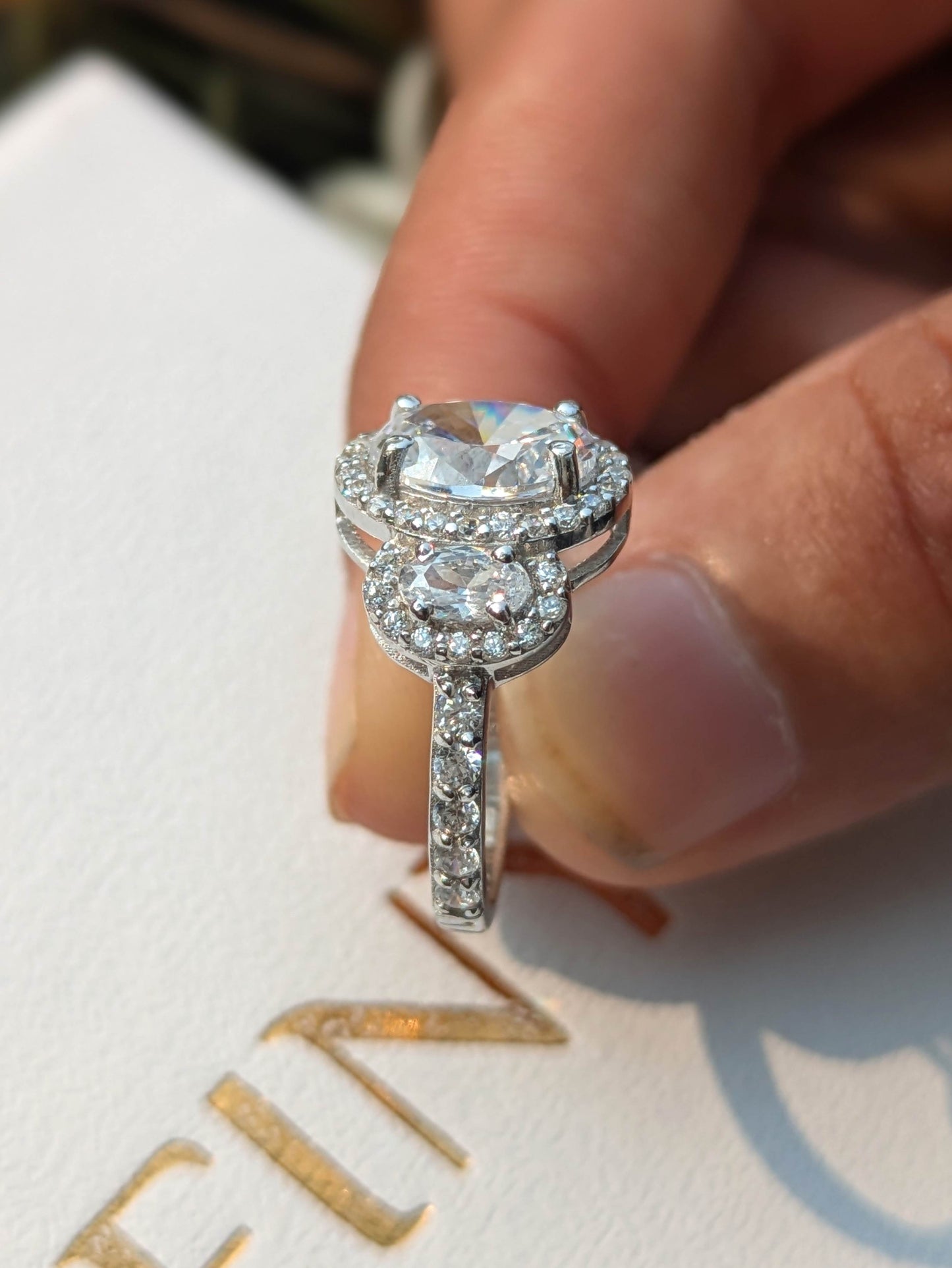 Oval 3-Stone Halo Solitaire Silver Ring for Women