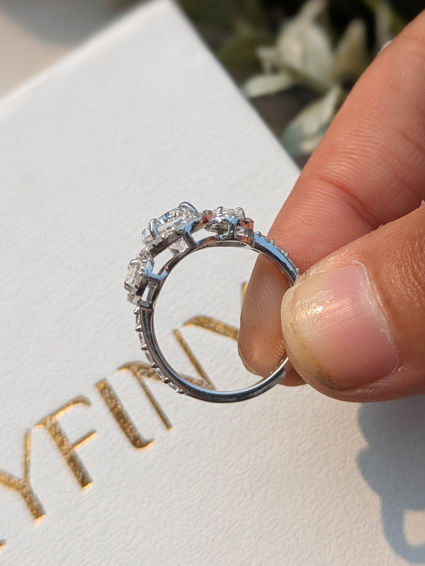 Oval 3-Stone Halo Solitaire Silver Ring for Women